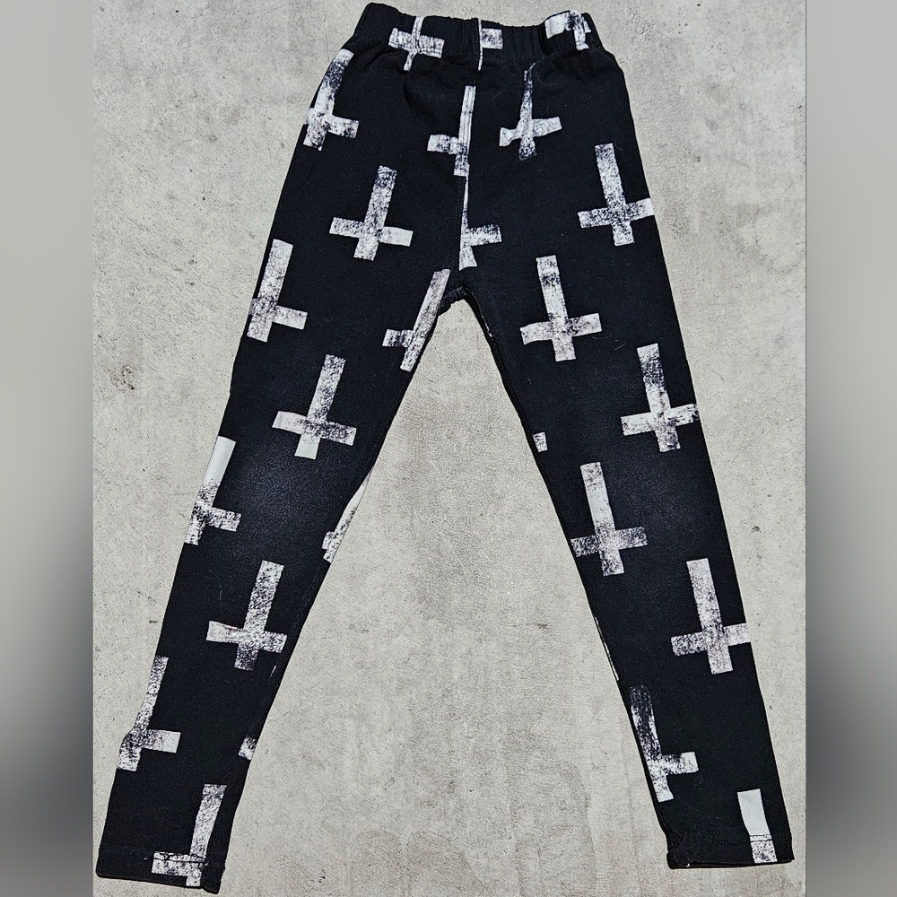 White Cross on Black Leggings - 3T / 4T